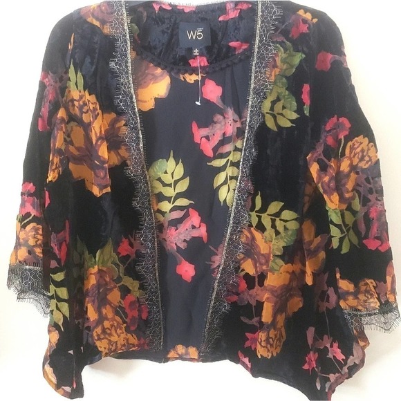 NEW! W5 Floral Burnout Velvet & Lace Open Kimono Top Small. - Picture 2 of 6